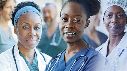 A composite image showing healthcare workers in various settings from hospitals to community centers all united by their commitment to care and help. - Powered by Adobe