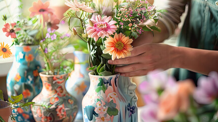 A detailed shot of a DIY home decor project, where hand-painted vases are being filled with fresh flowers, adding a personal touch to the living space.