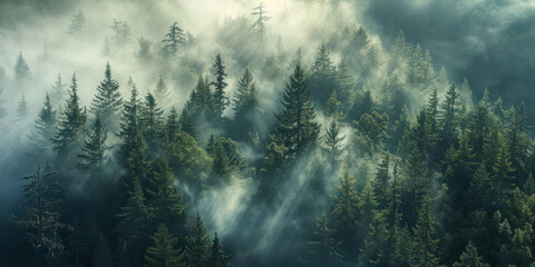 Aerial view pine tree forest foggy morning, top view nature outdoor evergreen landscape.	
