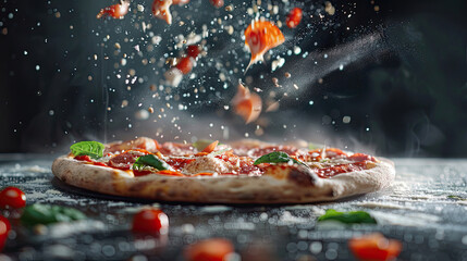 A dynamic shot of a pizza being tossed in the air, capturing the motion and skill of traditional...
