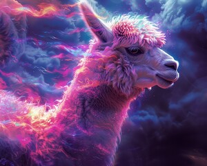 Mystical alpaca adorned in neon light, shimmering iridescently, encircled by mesmerizing psychic waves