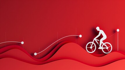 Papercut man and cyclist moving on red diagram towards curved line chart. Abstract of competition. Performance infographic 