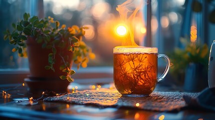 Hot tea pouring into a cup with 3D pop steam shapes on a backdrop of a cozy afternoon