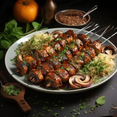 grilled meat skewers served with basmati rice with lemons, herbs and spices