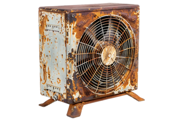 A large, rusty air conditioner with an old metal fan on top of it. white background