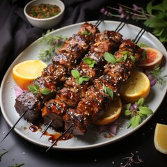 grill meat skewers with vegetables served with slices of lemon, herbs and spices