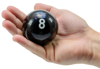 Hand holding 8 snooker ball on transparent PNG background, business and extrategy concept.