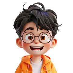 A cartoon boy with glasses and a yellow jacket is smiling