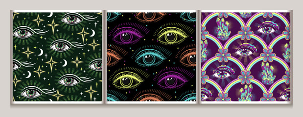 Set of patterns with third eye, stars, crescent. Concept of harmony of universe, wisdom, knowledge, extended mind. Colorful psychedelic surreal illustration. For groovy, hippie, mystical style.