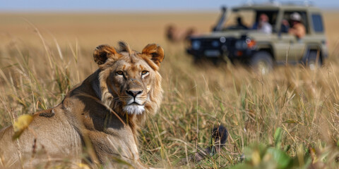 Fototapeta premium Portrait of majestic Lion. African safari. Savannah. King. Powerful. Wildlife, habitat, nature reserve.