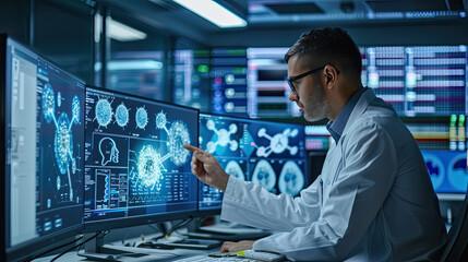 A medical researcher uses AI algorithms to analyze vast datasets for developing personalized medicine strategies.
