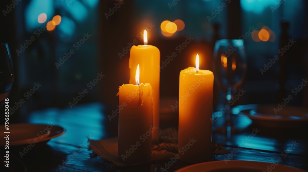 Poster the candles flicker in harmony creating a serene and calming atmosphere for the dinner. 2d flat cart