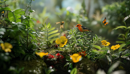 A bird is perched on a flower in a lush green field