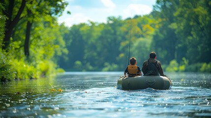 Dad and son fishing from inflatable boat on river