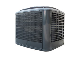 Modern heat pump air conditioner with outdoor unit isolated on white background