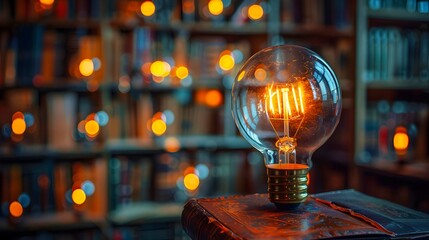 Glowing light bulb and book or text book with futuristic icon. Self learning or education knowledge and business studying concept. Glowing light bulb and book or text ,Education and knowledge concept - obrazy, fototapety, plakaty