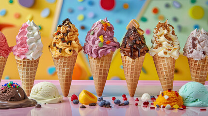 A playful setup of homemade ice cream cones, with a variety of flavors and toppings to choose from.