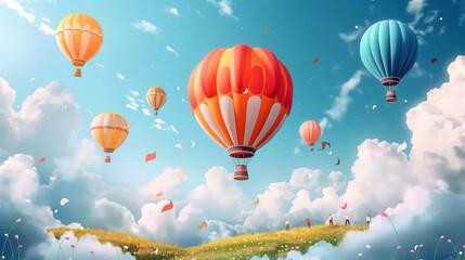 Fototapeta premium A hot air balloon festival on a summer day, colorful balloons aloft in the sky with small figures watching from below. Festive and whimsical atmosphere concept for design and print.