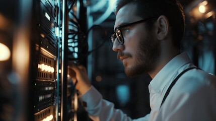 A technical employee works in a server room, close-up. A IT specialist repairing hard drives in a server room.