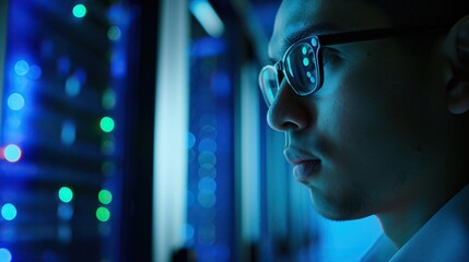 A technical employee works in a server room, close-up. A IT specialist repairing hard drives in a server room.