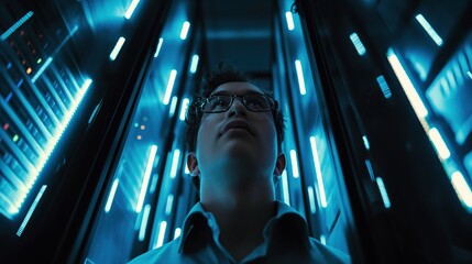 A technical employee works in a server room, close-up. A IT specialist repairing hard drives in a server room.