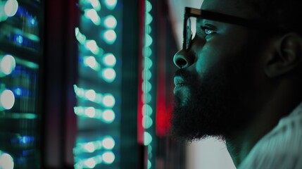 A technical employee works in a server room, close-up. A IT specialist repairing hard drives in a server room.
