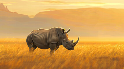 A rhinoceros standing alone, the savanna grasses waving gently in the evening breeze, with the backdrop of a sun-kissed mountain range. - Powered by Adobe
