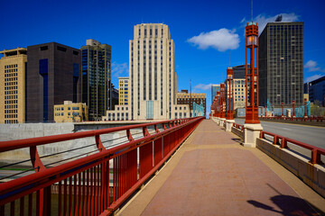 St. Paul City in Minnesota, skyline, skyscrapers, and Wabasha Street Bridge over the Mississippi...