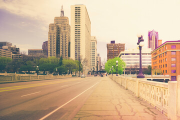 St. Paul City in Minnesota retro-style skyline landscape over the Robert Street Bridge and Mississippi River in the Upper Midwestern United States
