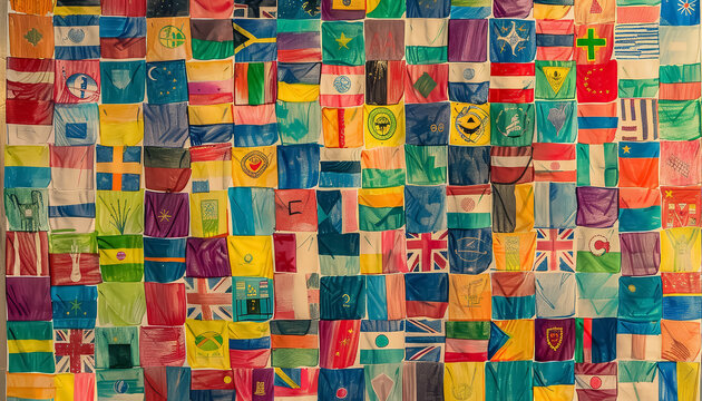 A colorful mosaic of flags from around the world