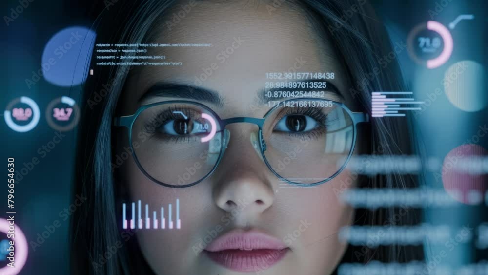 Poster futuristic vision, data technology portrait. woman with augmented reality interface in computer data
