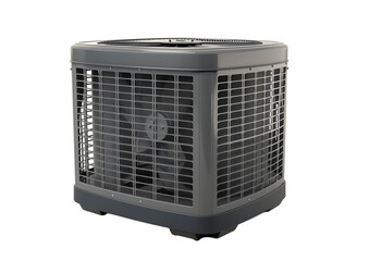 Hostel single stage air conditioner, grey color with black plastic covering the top and bottom of unit. 
