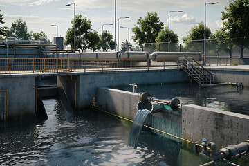 A sewage treatment plant with filtration systems, processing effluent and wastewater for environmental sustainability and clean water preservation.