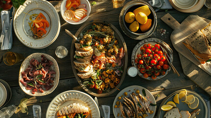 A rustic table spread with a Mediterranean feast, highlighting the warmth of shared meals. - obrazy, fototapety, plakaty
