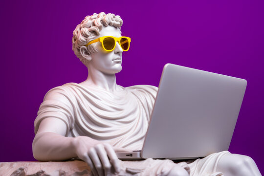 Apollo statue with laptop and sunglasses, modern meets classic on purple