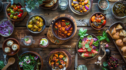 A rustic table spread with a Mediterranean feast, highlighting the warmth of shared meals.