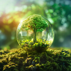 sphere in the grass, Environment Concept - Green glass Globe with a Tree in the Forest With Sunlight. Sustainability Concept. Green world. stock photo