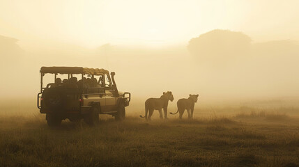 a safari vehicle stopped in the early morning mist, with passengers quietly observing a pride of...