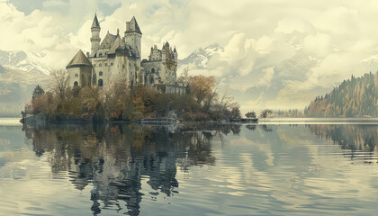A castle is reflected in the water of a lake - obrazy, fototapety, plakaty