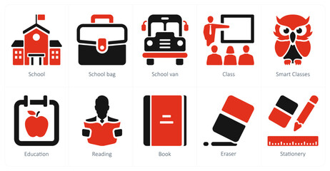 A set of 10 School and Education icons as school, school bag, school van