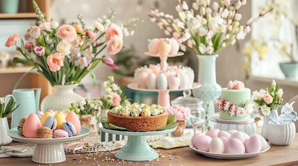 Fototapeta na wymiar Decorated Table for Easter with Easter Eggs Cookies Cake and Flowers