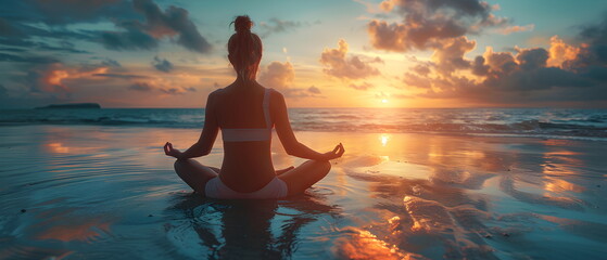 Healthy woman lifestyle balanced practicing Yoga, Morning on sea beach Silhouette of a Woman Meditating in Lotus Position