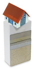 Polystyrene panel for external thermal insulation - Example with the application phases of the various layers and home model - obrazy, fototapety, plakaty
