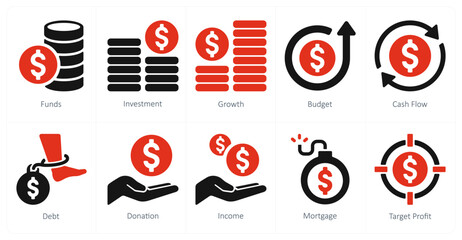 A set of 10 finance icons as funds, investment, growth - obrazy, fototapety, plakaty