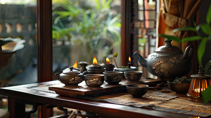 A traditional tea ceremony setup, emphasizing the cultural rituals and serene ambiance associated with tea drinking. - obrazy, fototapety, plakaty