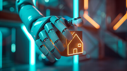 Robotic hand holding a house. Concept of artificial inteligence in home