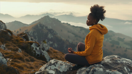 Beautiful african woman sitting on a peak and meditating