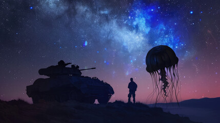 A silhouette of jellyfish floating in the sky above an armored vehicle A starry night sky with galaxy and milky way Colorful glow