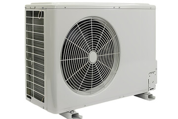  A photo of an outdoor air conditioner against a white background, taken from the front view