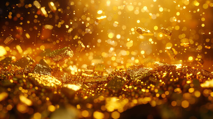 pure gold on Reflection background. Group of precious golden stones,